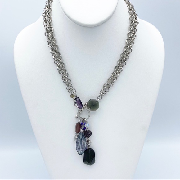 Double Chunky Link Chain Front Toggle Clasp Dangling Faux Gems Necklace - Picture 6 of 11